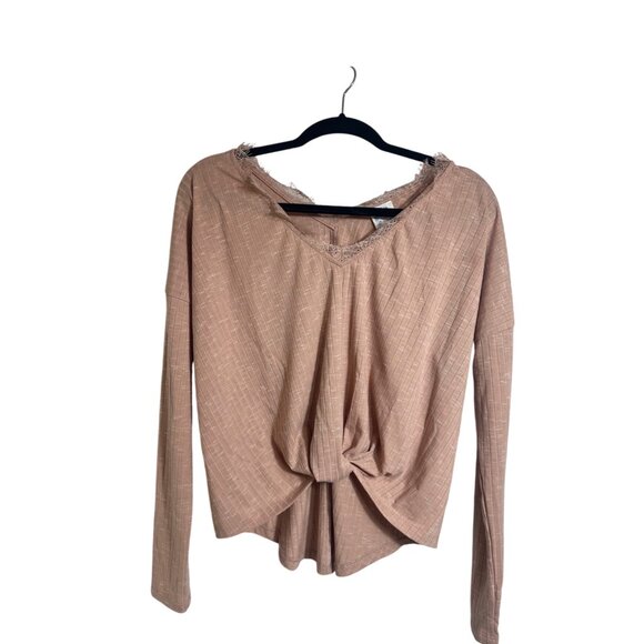 Blue Rain Tops - Francesca's Blue Rain Rose Ribbed Lace Lined V Neck Knotted Front Long Sleeve Ts